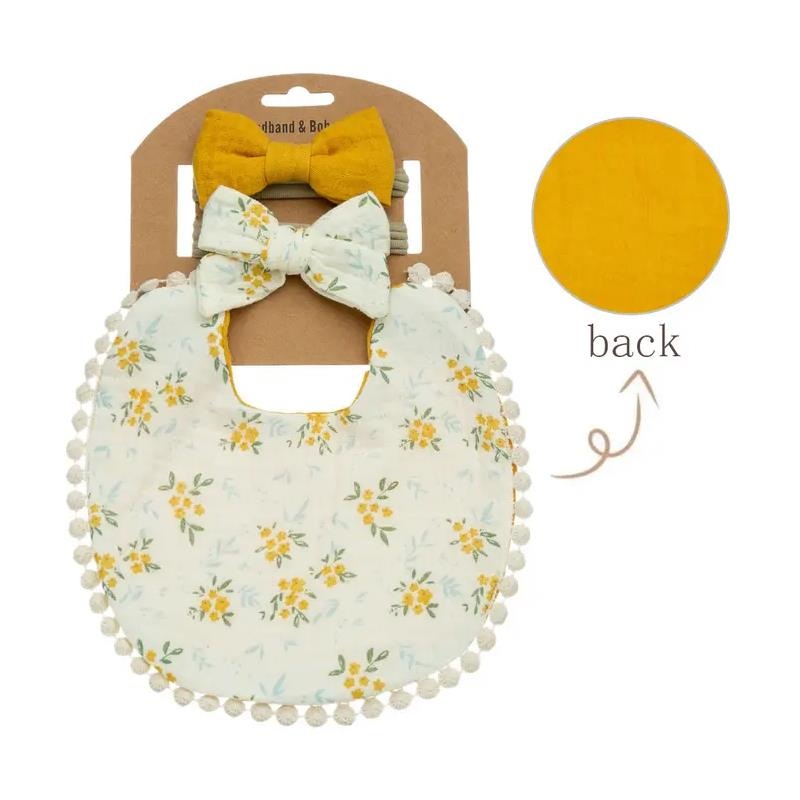 Little Trendy – Baby Floral Cotton Waterproofer Bib And Bows Headband Set, Color 4