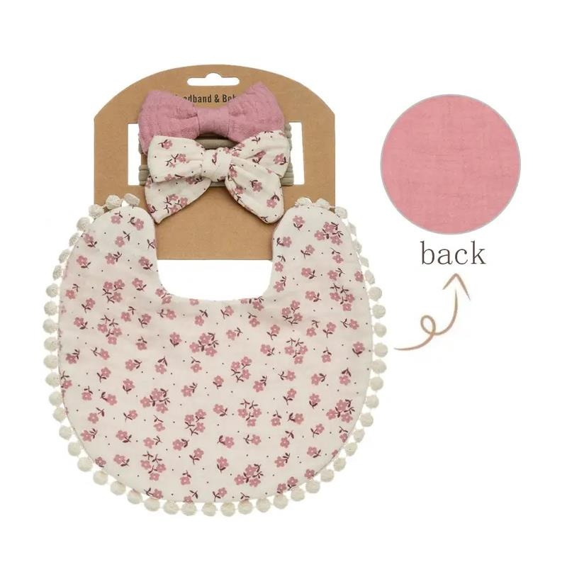 Little Trendy – Baby Floral Cotton Waterproofer Bib And Bows Headband Set, Color 6