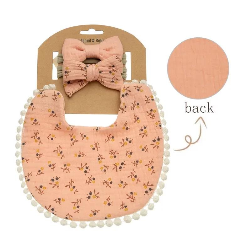 Little Trendy – Baby Floral Cotton Waterproofer Bib And Bows Headband Set, Color 9