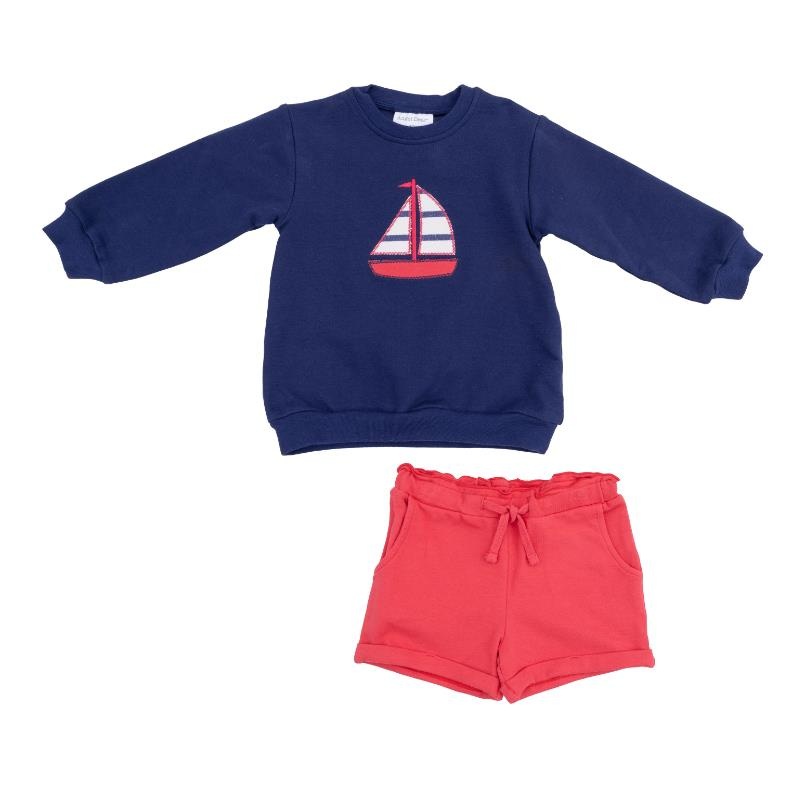 Angel Dear – Baby Sailboat French Terry Oversized Applique Sweatshirt And Paperbag Short