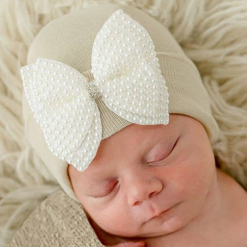 Ilybean Pearl Bow Hospital Hat for Newborn Girls -Beige / NEWBORN