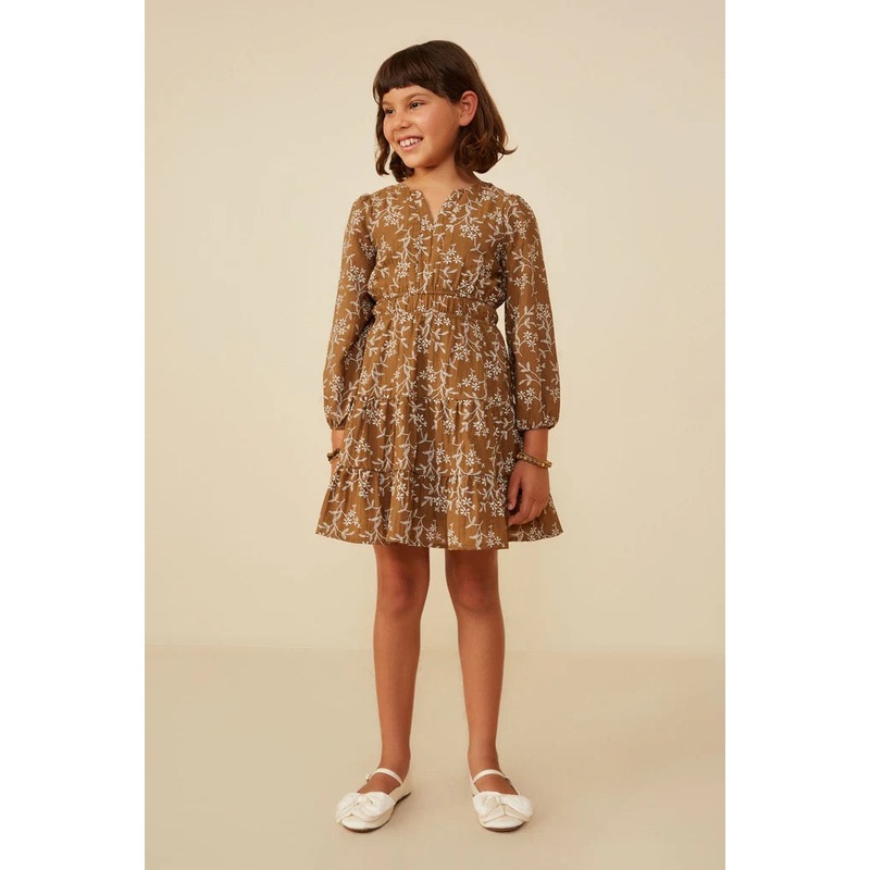 Notch Detail Long Sleeve Floral Embroidered Dress Youth Small