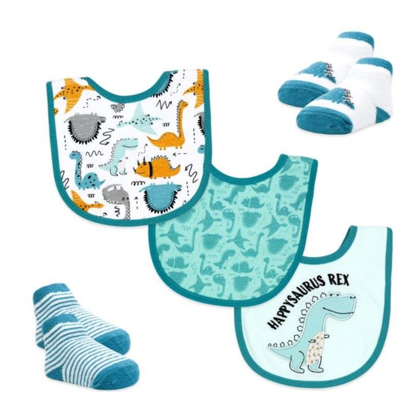 Rose Textiles – 5Pk Baby Boy Bib & Sock Set Teal Dino