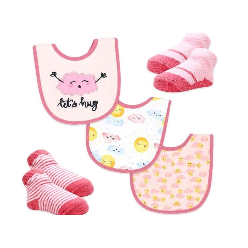 Rose Textiles – 5Pk Bib & Sock Set Pink Let’s Hug
