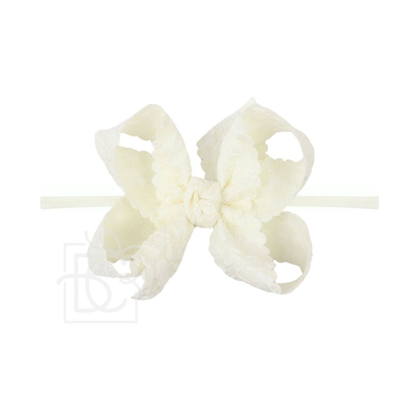 1/4″ PANTYHOSE HEADBAND W/ SCALLOPED EDGE LACE FLOWER BOW: / 4.5″ Large Antique White