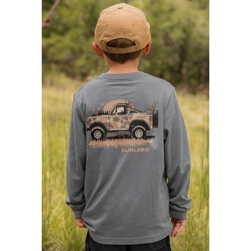 Burlebo Youth Tee – Loaded Down Bronco – Heather Blue Jean – L/S X-Small