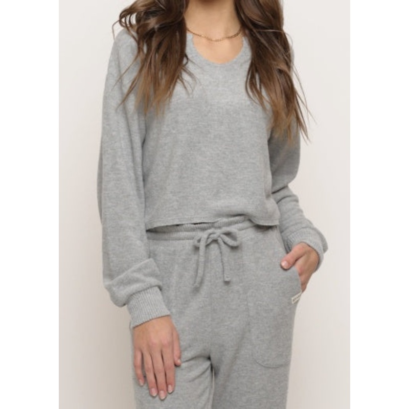 Kaveah Hacci Long Sleeve Split Neck Top | Light Heather Grey Youth Small