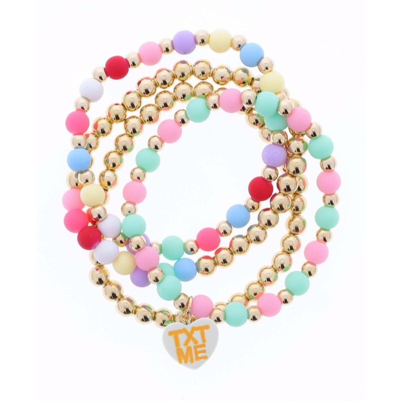Kids Set of 4, Gold & Ball Beaded, Pink, White & Red with Pink “BE MINE” Charm Stretch Bracelet