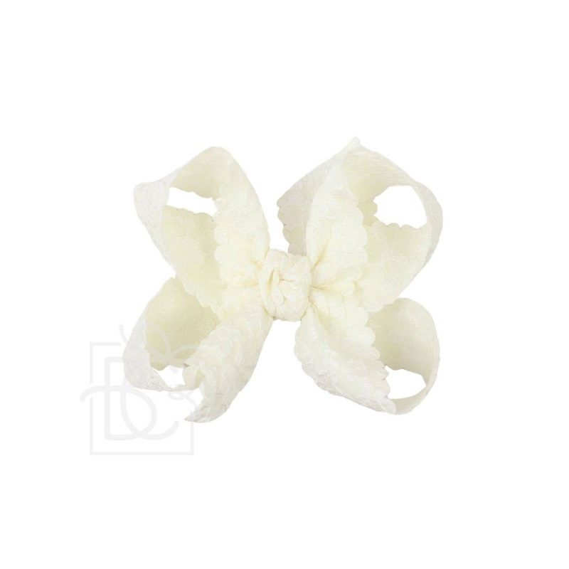 SCALLOPED LACE FLOWER BOW W/ KNOT ON ALLIGATOR CLIP:4.5″ Large Antique White