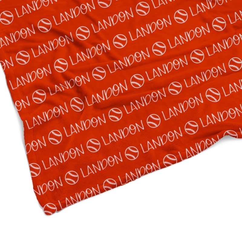 Sugar + Maple Plush Minky Fleece Personalized Blanket | Baseball Icon Repeating Name 30″ x 40″ Color Background + White Text