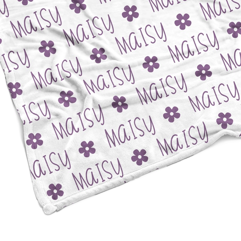 Sugar + Maple Plush Minky Fleece Personalized Blanket | Flower Icon Repeating Name 30″ x 40″ Color Background + White Text