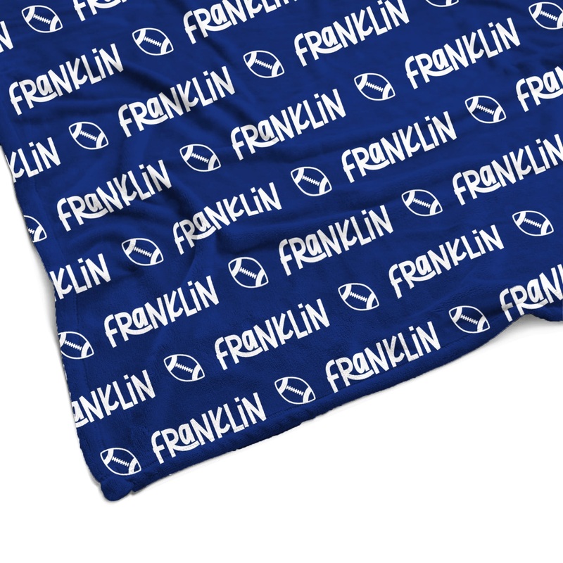Sugar + Maple Plush Minky Fleece Personalized Blanket | Football Icon Repeating Name 30″ x 40″ Color Background + White Text