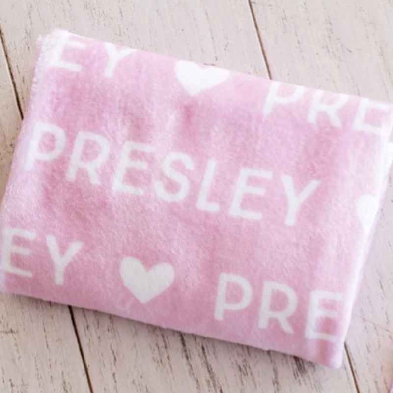 Sugar + Maple Plush Minky Fleece Personalized Blanket | Heart Icon Repeating Name 30″ x 40″ Color Background + White Text