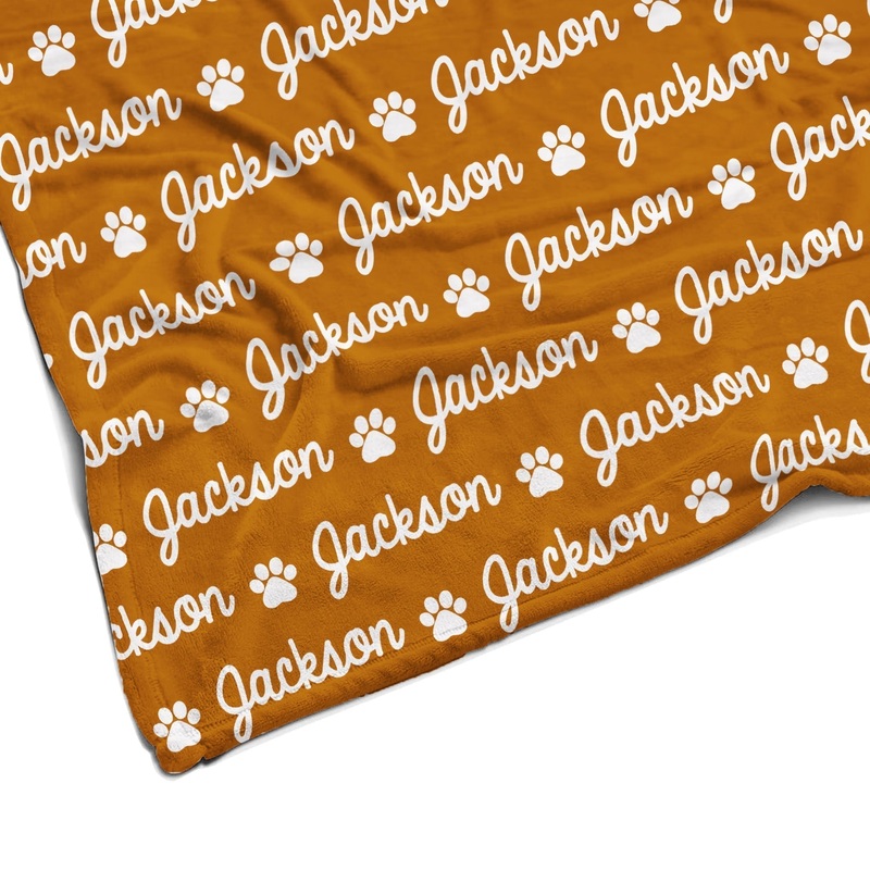Sugar + Maple Plush Minky Fleece Personalized Blanket | Paw Icon Repeating Name 30″ x 40″ Color Background + White Text