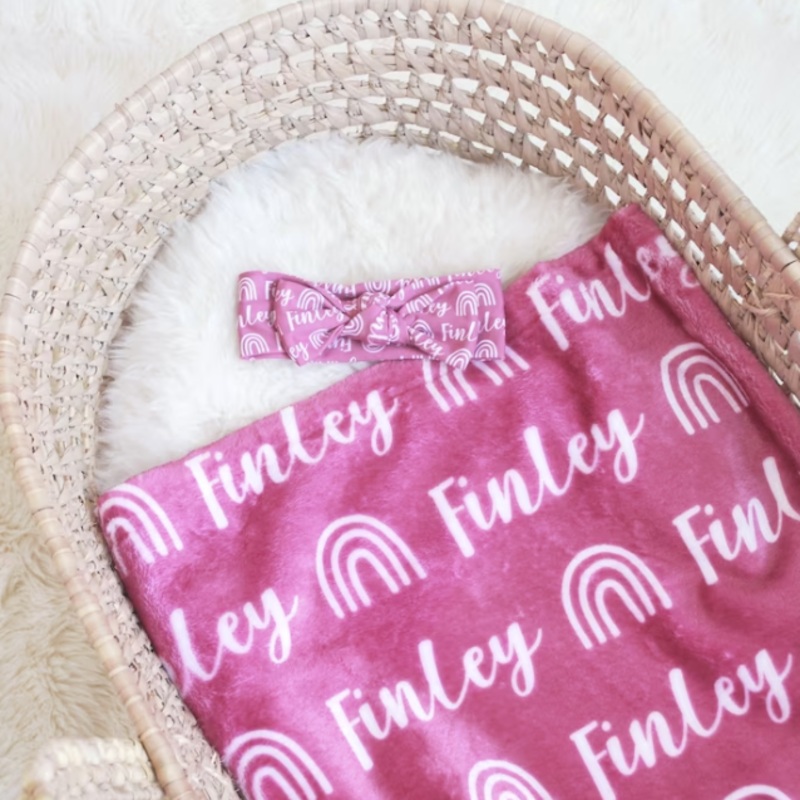 Sugar + Maple Plush Minky Fleece Personalized Blanket | Rainbow Icon Repeating Name 30″ x 40″ Color Background + White Text