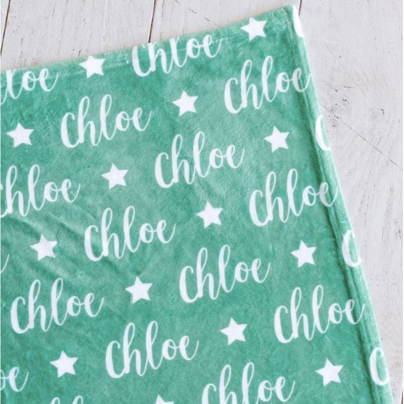 Sugar + Maple Plush Minky Fleece Personalized Blanket | Star Icon Repeating Name 30″ x 40″ Color Background + White Text