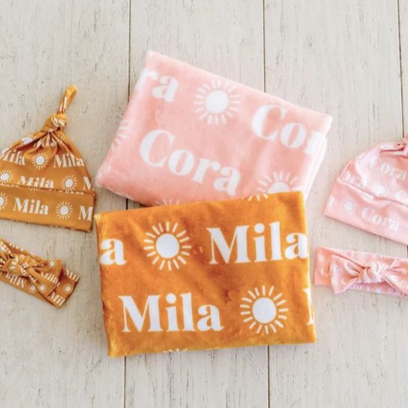 Sugar + Maple Plush Minky Fleece Personalized Blanket | Sun Icon Repeating Name 30″ x 40 Color Background + White Text