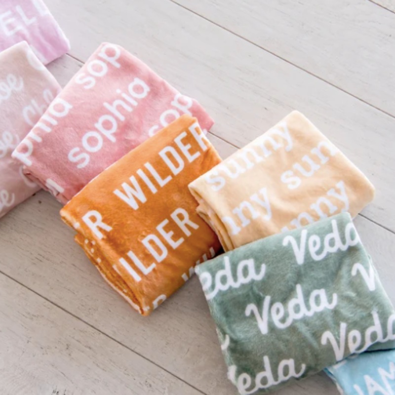 Sugar + Maple Plush Minky Fleece Personalized Blanket | Repeating Name Color Background + White Text 30″ x 40″ Classic