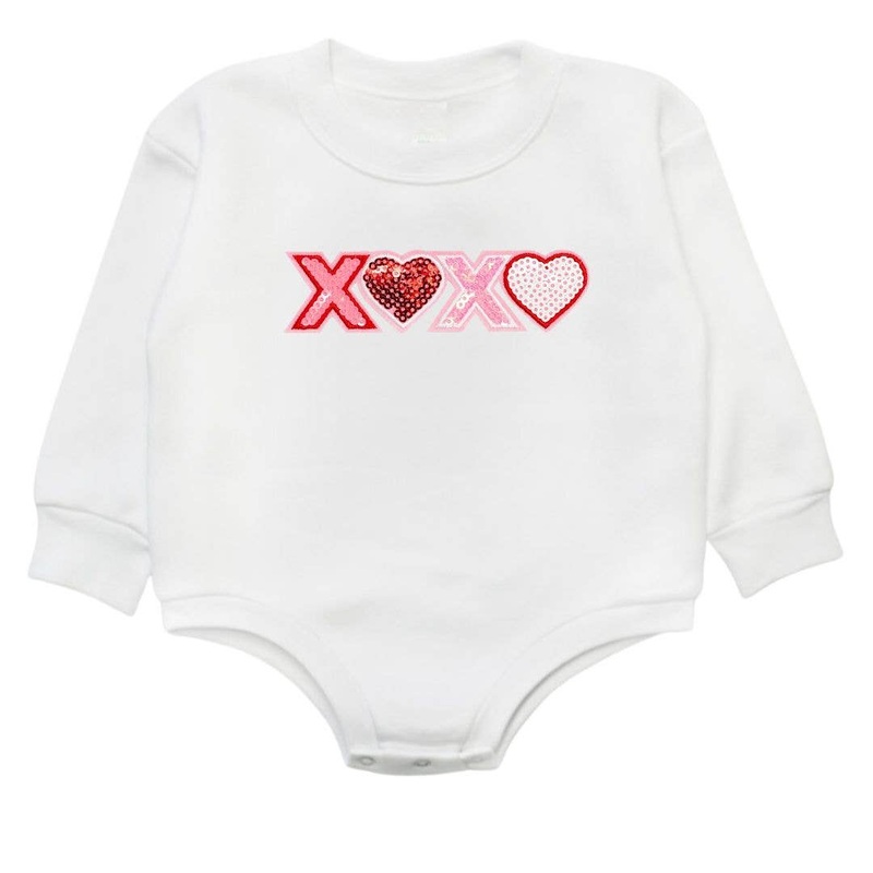 XOXO Sequin Patch Valentine’s Day Long Sleeve Romper – White 0-3M