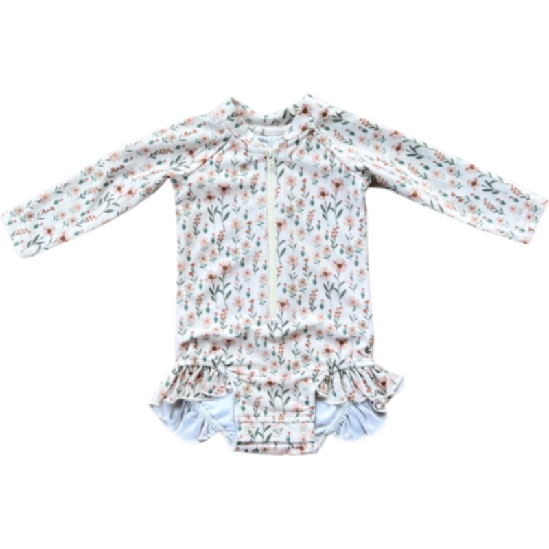 Babysprouts Girl’s One-Piece Ruffle Rash Guard Swimsuit | Daisy Field 0-3M