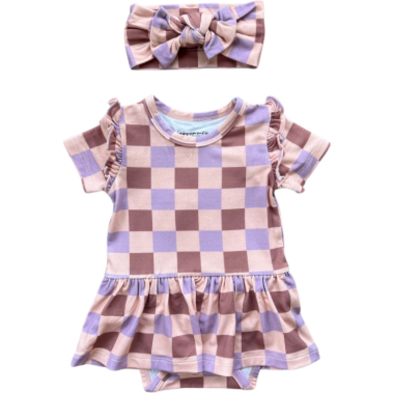 Babysprouts Girl’s Short Sleeve Bodysuit Dress Set | Checker In Burlwood NB
