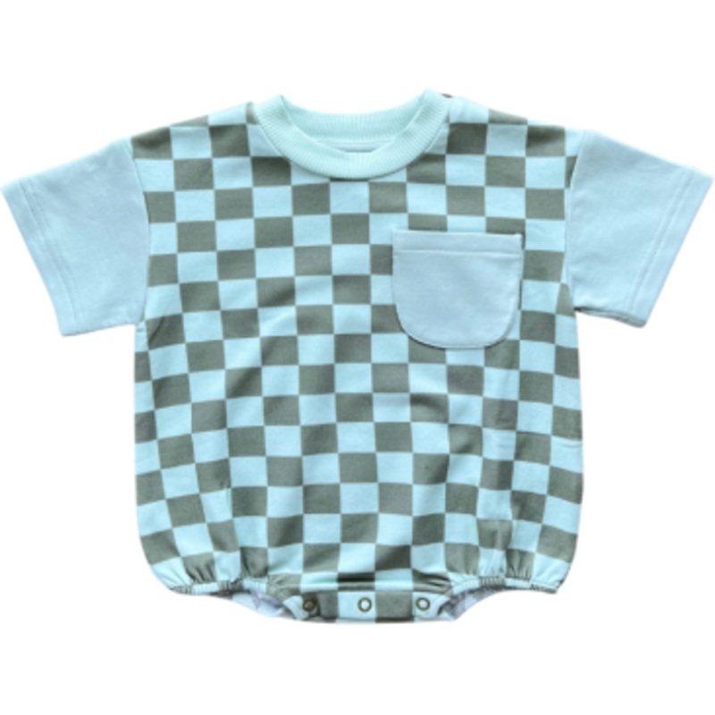 Babysprouts Short Sleeve Colorblock Romper | Checker In Seagrass 0-3M