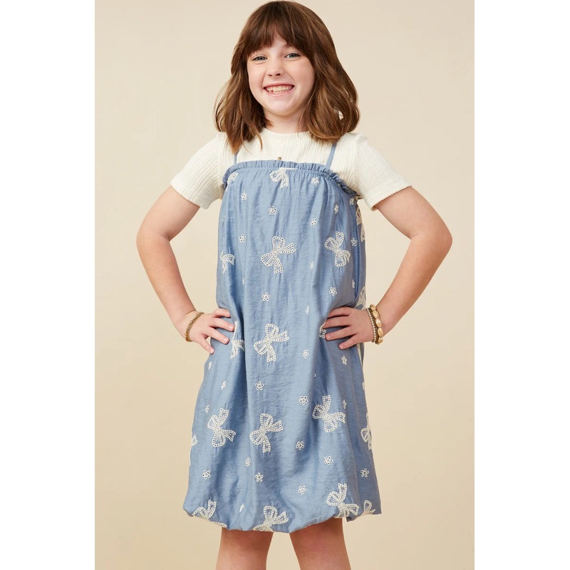 Blue Crochet Bow Embroidered Dress Youth Small