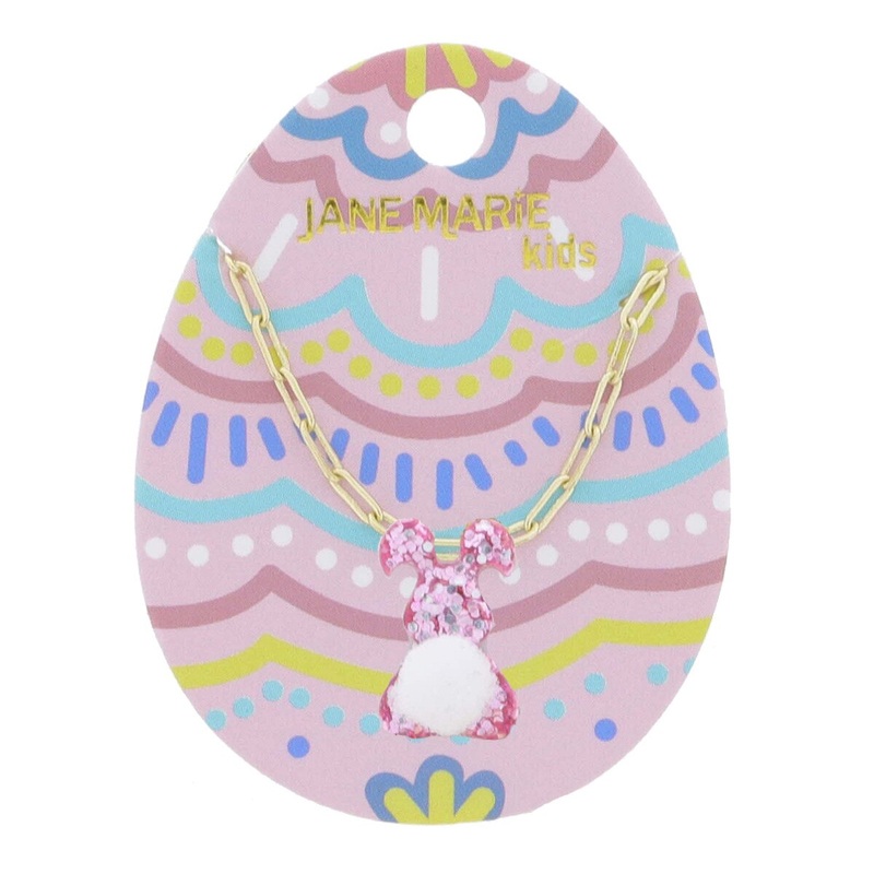 Jane Marie Kids 14″ Pink Glitter Resin Bunny with Mini White Pom Tail Necklace, 3″ Ext.