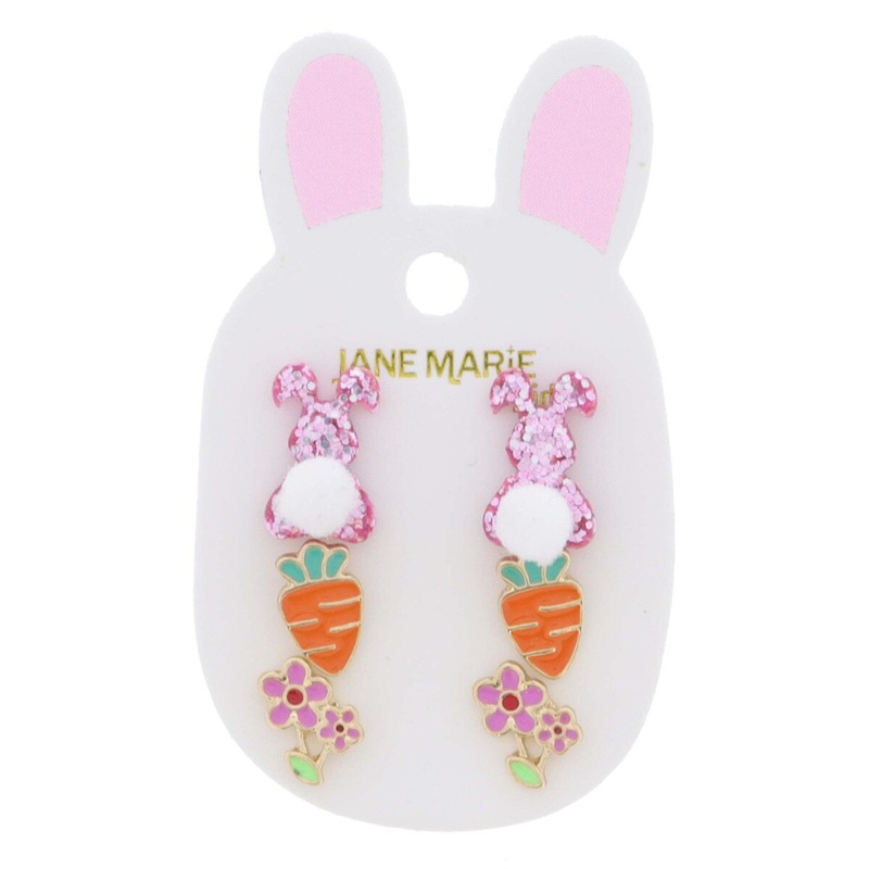 Kids Pink Glitter Bunny with White Pom Tail, Enamel Carrot, Multi Enamel Flowers Earrings Stud Set