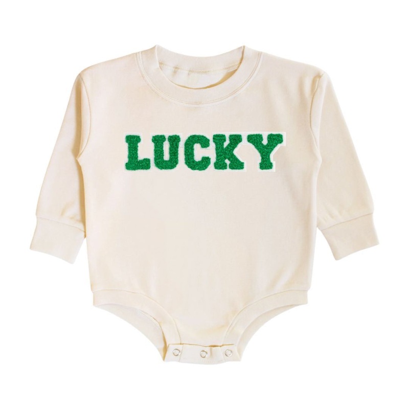 Lucky Varsity Patch St Patricks Day Long Sleeve Romper – Baby 0-3M