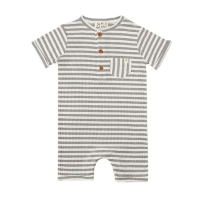 Me & Henry Camborne Henley Romper | Grey/White Stripe Rib 0-3M