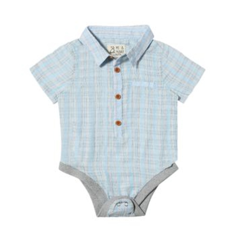 Me & Henry Helford Woven Onesie | Blue/Grey Stripe 0-3M