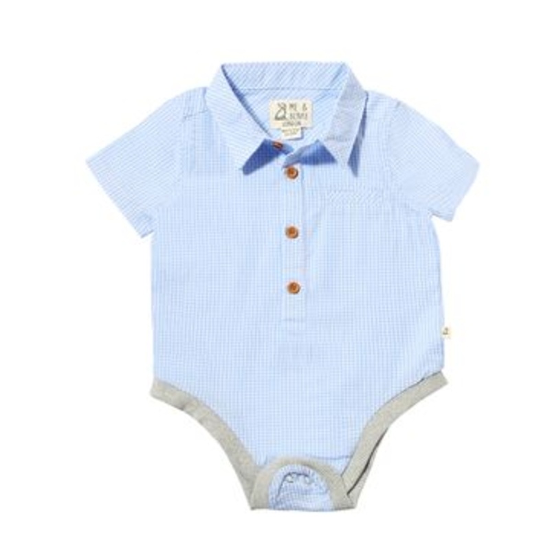 Me & Henry Helford Woven Onesie | Blue/White Micro Plaid 0-3M