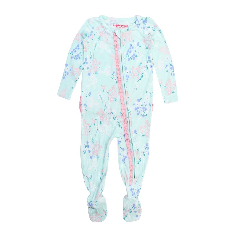 Baby Girls Mint Meadow Bamboo Viscose Ruffle Footed Pajama: Green Newborn