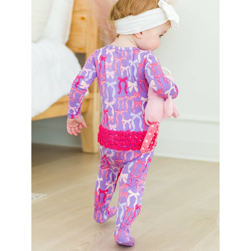 Baby Girls Rosy Ribbons Bamboo Viscose Footed Ruffle One Piece Pajama: Purple 0-3M
