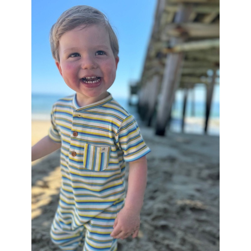 Me & Henry Camborne Henley Romper | Yellow/Blue Multi Striped Rib 0-3M