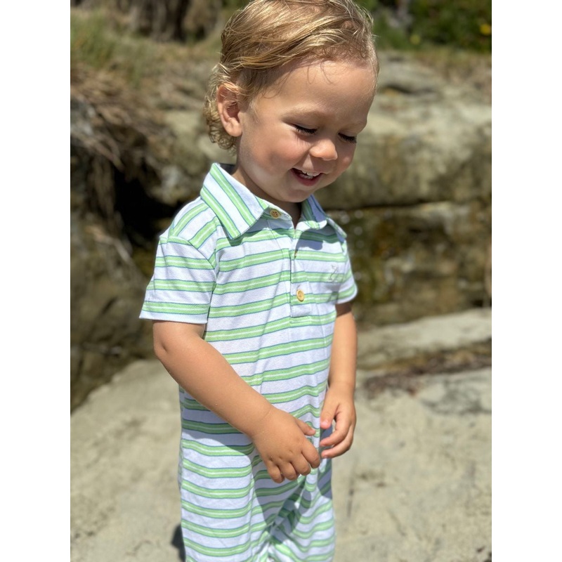 Me & Henry Drift Polo Romper | Lime/Blue/White Pique 0-3M