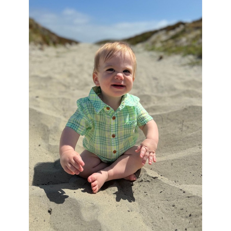 Me & Henry Helford Woven Onesie | Green/Neon Plaid 0-3M