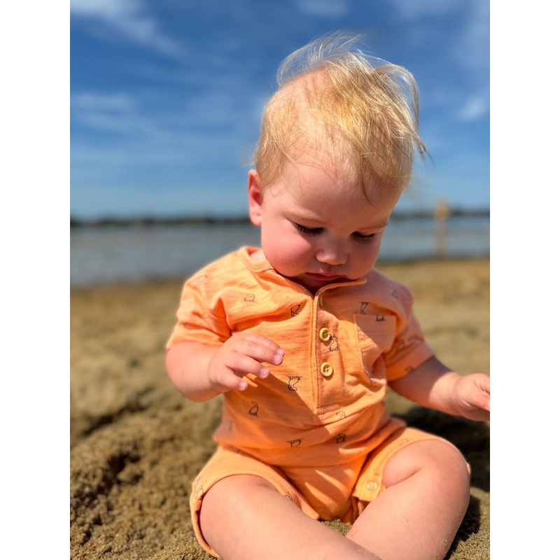 Me & Henry Martingale Henley Romper | Tangerine Henry Print 0-3M