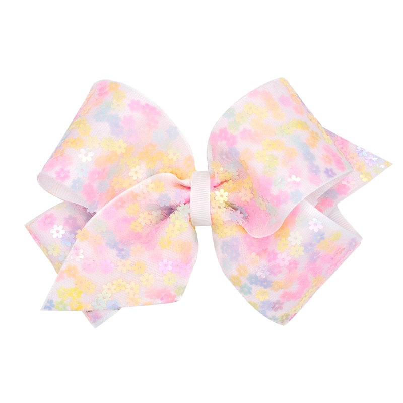 Flower Sequin Tulle Overlay Grosgrain Hair Bow Medium