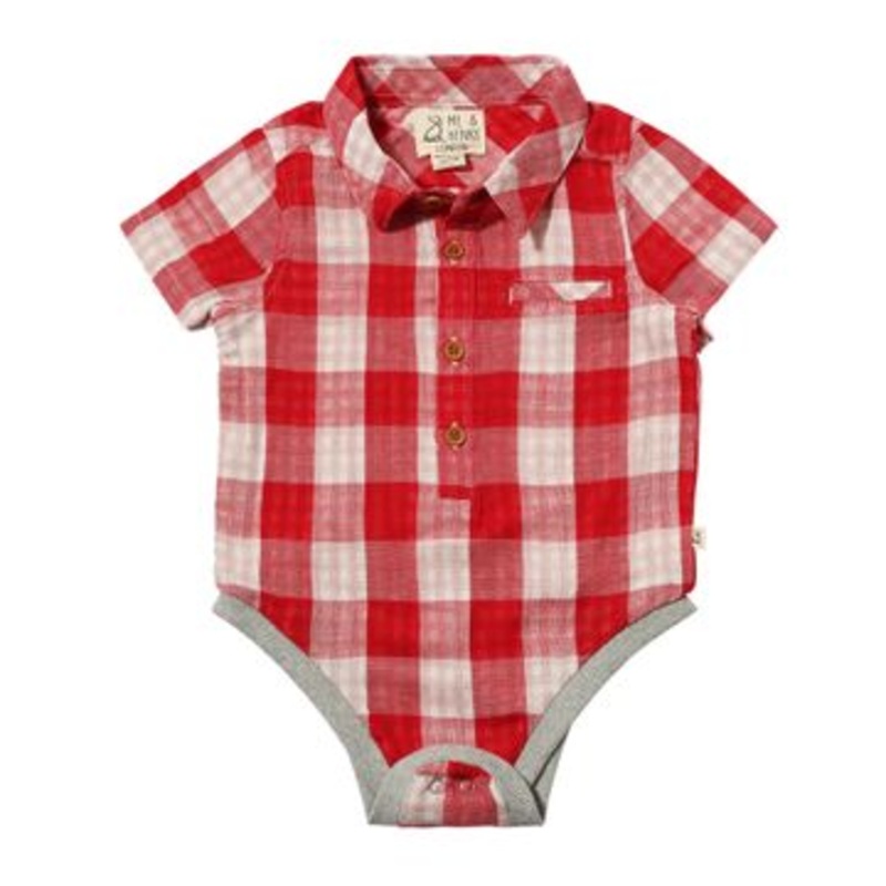 Me & Henry Helford Woven Onesie | Red/White Gauze Plaid 0-3M