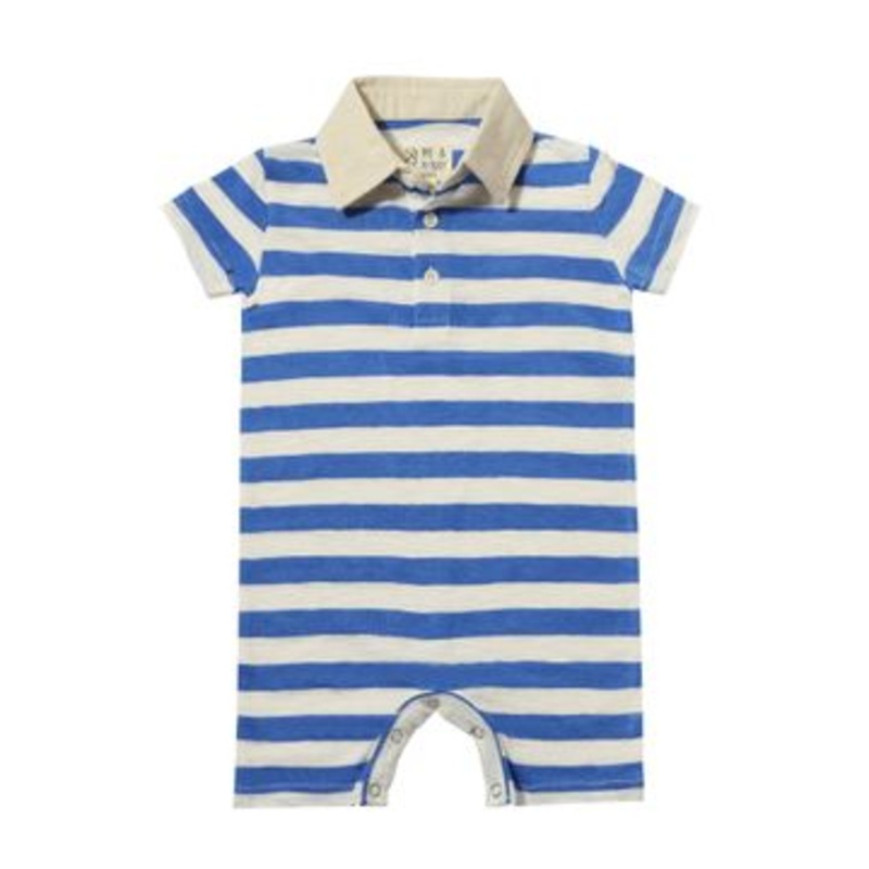 Me & Henry Saltash Polo Romper | Royal/White Striped Slub 0-3M