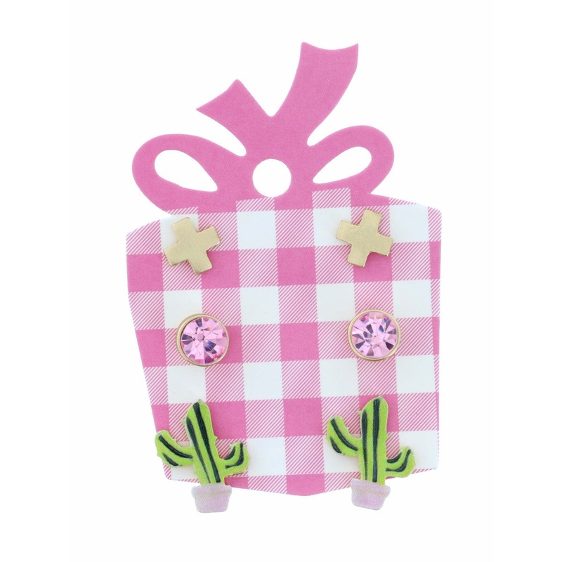 Gold Cross, Pink Circle Crystal, Cactus Earring