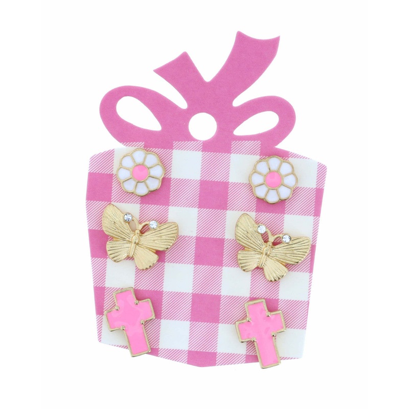 Kids Pink & White Flower, Gold Butterfly, Pink Cross Earring