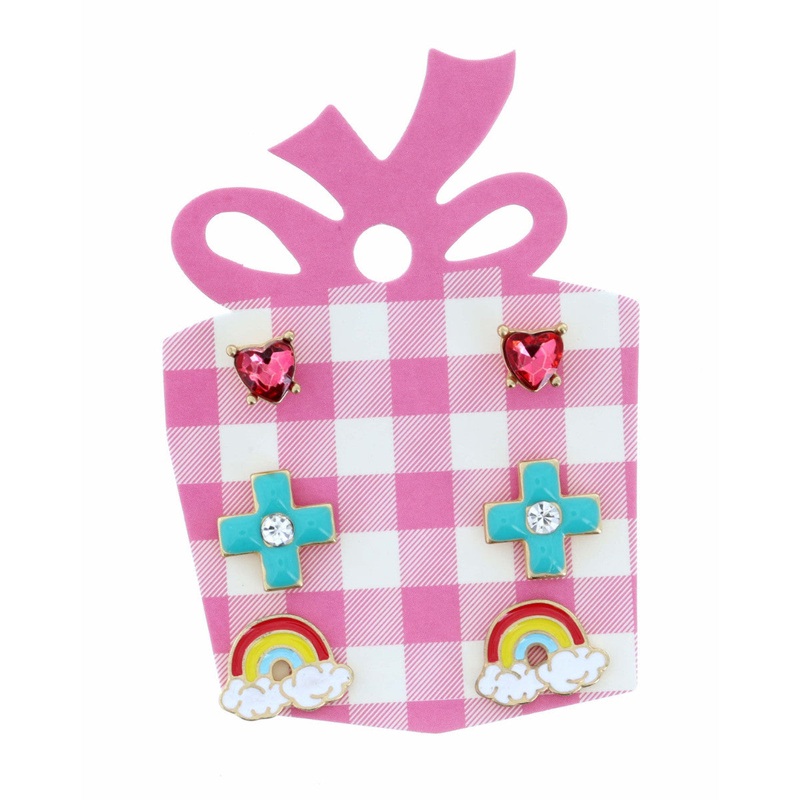 Pink Heart, Turquoise Cross, Rainbow Earring
