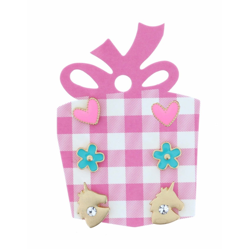 Pink Heart, Turquoise Flower, Gold Unicorn Earring