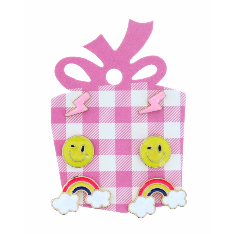 Pink Lightening Bolt, Happy Face, Rainbow Earring