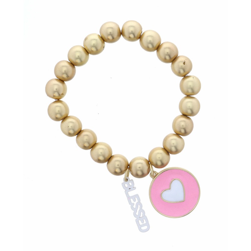 White Heart on Pink Circle with White “Blessed” Bracelet