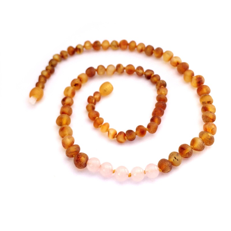 Amber & Gemstone Necklaces – Adult – Raw Honey & Rose Quartz: 12″