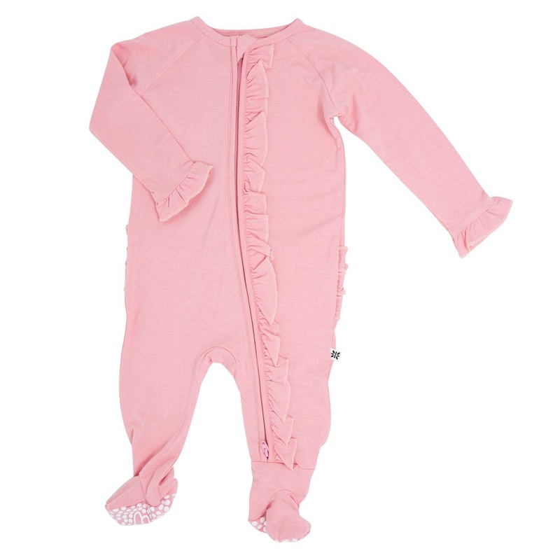 Ruffle Footie  –  Pink Suede Newborn